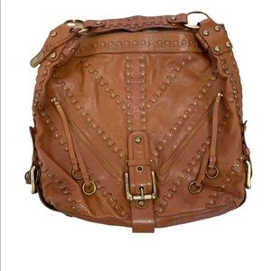 Isabella Fiore Cognac Studded  Hobo Leather Shoulder Handbag.